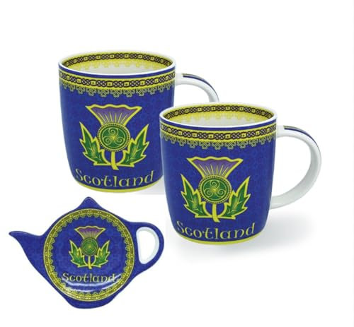 Royal Tara Set mit 2 Distel-Tassen und Teebeutelhalter, schottische Keramiktassen, handbemalt, Schottlands Küchengeschirr für heiße oder kalte Getränke, 325 ml