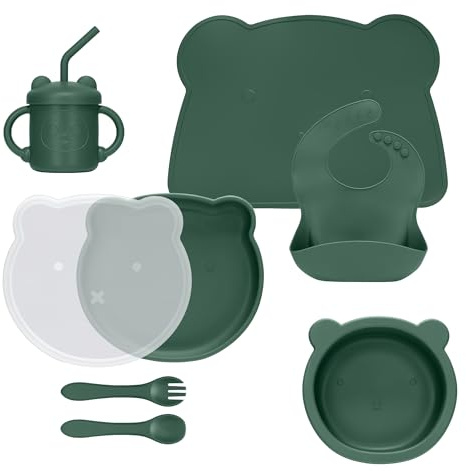 MOJINL Baby Geschirrset Edelstahl mit Saugnapf, 6 Stück Edelstahl Kindergeschirr Set mit Babyteller, Trinklernbecher, Baby Lätzchen mit Ärmeln, Baby Löffel Gabel Schüssel, BPA Frei (Grün)
