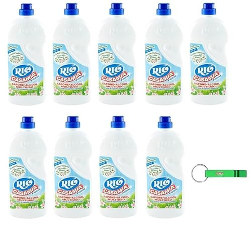 9x Rio Casa Mia Muschio Bianco - Super Igiene Detergente per Pavimenti e Superfici - 1250ml + Portachiavi Beni Culinari in Omaggio