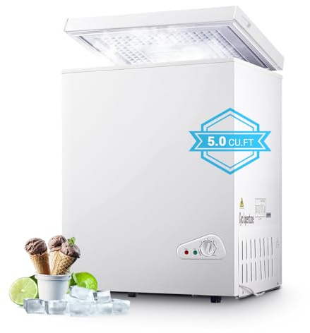 rosmena Chest Freezer, Deep Freezer 5 Cubic Feet with Removable Baskets & 6 Adjustable Temperature & Top Open Door, White Mini Deep Freezer Compact Freezer Suitable for Apartments(Down to -18°F)