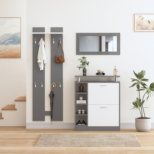 Lexiou Set appendiabiti da parete 80 x 25 x 96,5 cm, con specchio, 2 pannelli da parete, una mensola e una scarpiera, corpo grigio antracite opaco