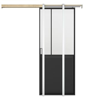 Vente-unique - Porte coulissante atelier avec systéme à galandage - Noir et verre trempé - H205 x L73 cm - ARTISTO II