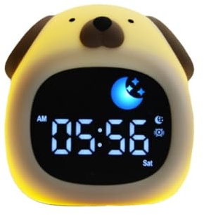 SunshineFace Réveil lumineux pour enfants, en forme de chien, avec veilleuse en 8 couleurs, 6 sons blancs, réveil numérique, pour chambre à coucher, pour filles et garçons