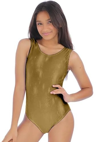 R&N FASHIONS Womens Sleeveless Leotard Metallic Sport Dance Gymnastics Ballet Wet Look Shinny Party Disco or Dance Costume (Gold, S-M)