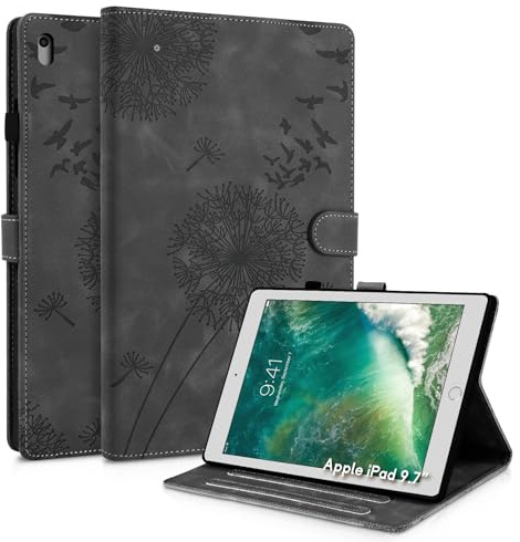 Rostsant Hülle für iPad 9,7 Zoll Löwenzahn PU Leder iPad 9,7 Zoll Flip Case Brieftasche Tasche Hülle für iPad 9,7 Zoll (Modell 2018/2017, 6./5. Generation) Schwarz