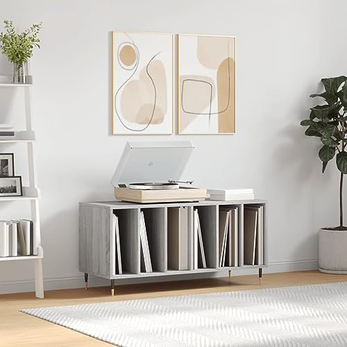 Gecheer Grå Sonoma-skivhållare, 100 x 38 x 48 cm, flerskiktsträ, vinylbehållare, CD-dörr, multifunktionsskåp, vardagsrumsmöbler, bokhylla, förvaringsskåp, P831746