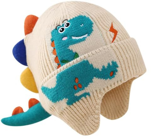 FOSDICK 1 Stück Wintermütze Kinder, Warm Kinder Mütze Winter, Gestrickt Mütze Kinder, Winddicht Kindermütze, Niedlich Dinosaurier Muster Kindermützen Jungen, Weich Strickmütze Kinder Baby Mädchen