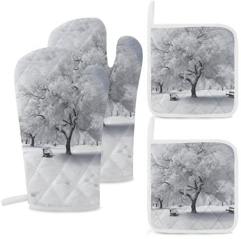 Set di 4 presine da forno e presine con stampa di alberi di neve bianca, resistenti al calore, extra lunghi e cuscinetti caldi, guanti da cucina antiscivolo, in poliestere, per cucina, grigliare,