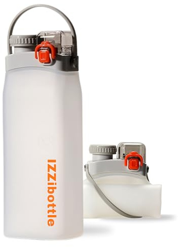 IZZIbottle Botella de Agua Plegable de Silicona 600ml, Sin BPA, Botella agua Gimnasio. Calidad Médica, Estanca, Compacta, Ligera y Reutilizable. Botella niños, Viajes, Senderismo, Camping (WHITE)
