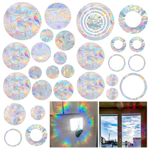 18–31 stycken runda prisma fönsterklistermärken, ihåliga cirklar, solcatcher klistermärken PVC fågelskydd fönster, fönsterklistermärken fågelskydd, fönsterbilder prisma för fönster, skyddar fåglar
