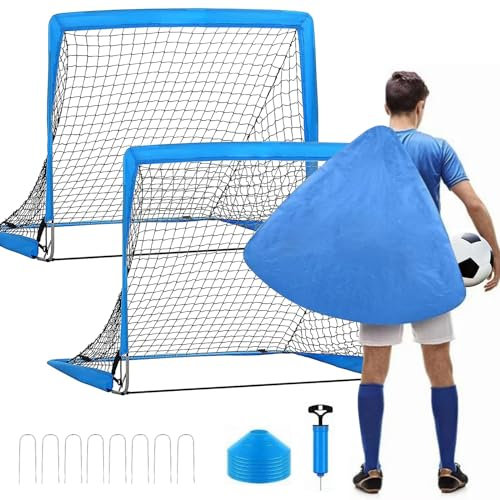 Fußballtor für Kinder, faltbares und tragbares Fußballtor mit 6 Fußballkegeln, 8 U-förmigen Bodenheringen, 1 Fußball, Luftpumpe und Tragetasche, Fußball-Trainingsgerät für Garten, Spielplatz, Hinte