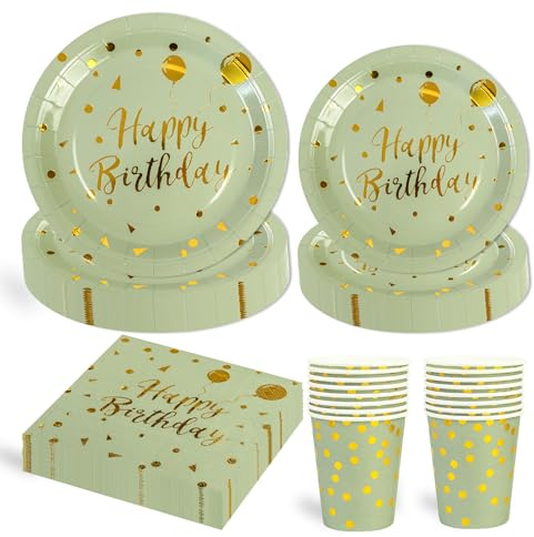 96 Stück Geburtstag Party Geschirr Set, Happy Birthday Salbeigrün Gold Becher Serviette Pappteller Set für Mädchen Kinder Tischdekoration - 24 Gäste