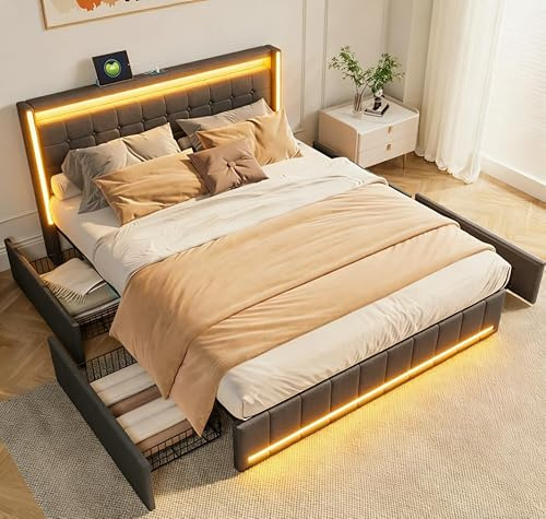 Julyue Doppelbett 160x200, Schubladenbett mit LED-Beleuchtung und USB Type C, Polsterbett mit Kopfteil und Lattenrost, Erwachsenenbett, Leinen, ohne Matratze
