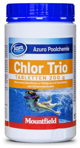 Azuro Chlor Trio 200g Langsamlösliche Chlortabletten für Pool & Whirlpool Langzeit Chlorpflege für klares Wasser Tabs 200g Made in Europe (1 KG)