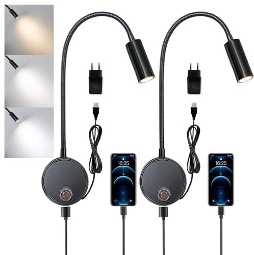 2pcs Lampe de Lecture Murale, Liseuse de Chevet LED Dimmable avec Interrupteur Tactile et Port de Chargement USB Lumière 3000k-6000k Applique Col de Cygne Flexible pour Chambre avec Chargeur USB, Noir