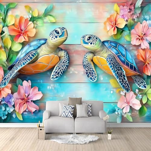 Carta da parati acquerello tartaruga motivo floreale 3D multicolore carta da parati murale per bambini, camera da letto, soggiorno, decorazione interna, poster da parete XXL grande (200 x 140 cm)