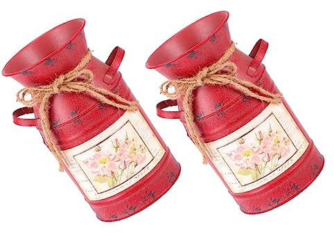 Healifty Retro Iron Flower Bucket Set of 2 Red Floral Vase Decoration Handcrafted Countryside Pitcher Style Rustic Wedding Bouquet Display Pot for Home and Event