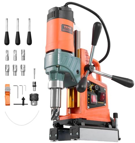VEVOR Trapano a Colonna Magnetico Elettrico 1400 W, Diametro di Foratura 50 mm, Velocità 0-850 giri/min, Direzione Reversibile, Trapano a Colonna Magnetico con 6 Punte a Corona