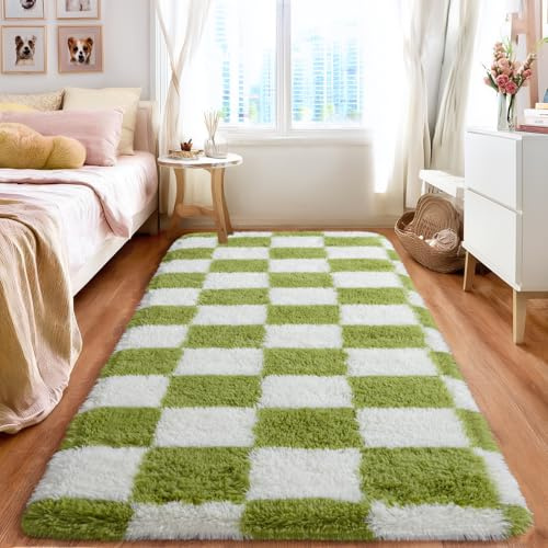 BSGIFT Hochflor Teppich Flauschig Kariert 80x150 Läufer, Plüsch Teppich Shaggy Langflor für Schlafzimmer Wohnzimmer Kinderzimmer, Modern Wohnzimmerteppich Bettvorleger rutschfest, Creme und Grün