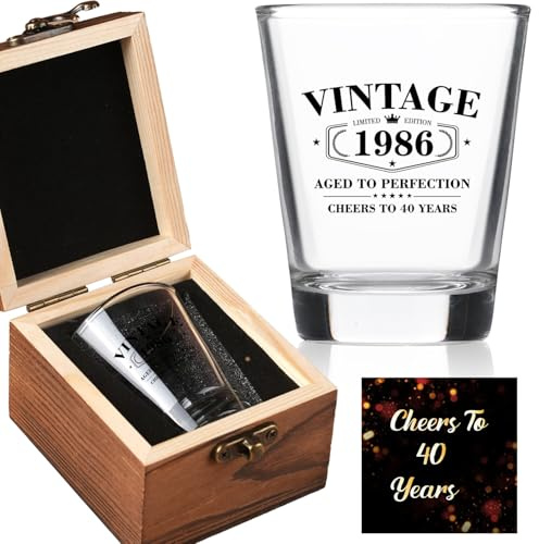 40th Birthday Gifts for Him Her – Limited Edition Vintage 1986 Shot Glass with Wooden Box – Cheers To 40 Years Old, Cool 40th Birthday Party Decoration – Turning 40 Bday Gift for Men, Brother, Friend