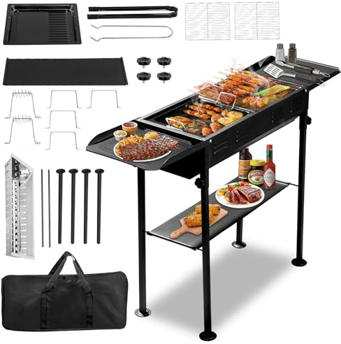 Bonnlo Portable Charcoal Barbecue Grills, Charcoal Kebab Slot Grill - Collapsible BBQ Stand for Outdoor Cooking Camping Kebab Skewer With Storage Shelf and Bag