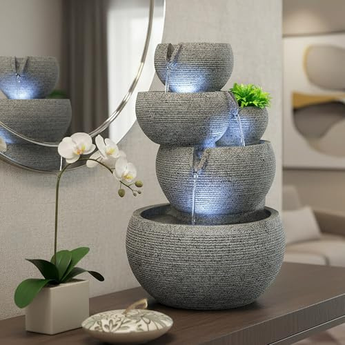 Zimmerbrunnen mit LED Beleuchtung Brunnen Innen- und Außenbereich Granit-Optik Springbrunnen Kaskade 44,5 cm Gartenbrunnen SB-LR005