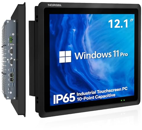 NORQIN Panel PC Industrial IP65 12,1, Sin Ventilador Ordenador Todo En Uno | Pantalla Táctil LCD Capacitiva,Windows 11 Pro,HDMI/LAN/COM/GPIO/USB,Montaje VESA,Automatización y Quiosco(i7-10710U,8G+512G)