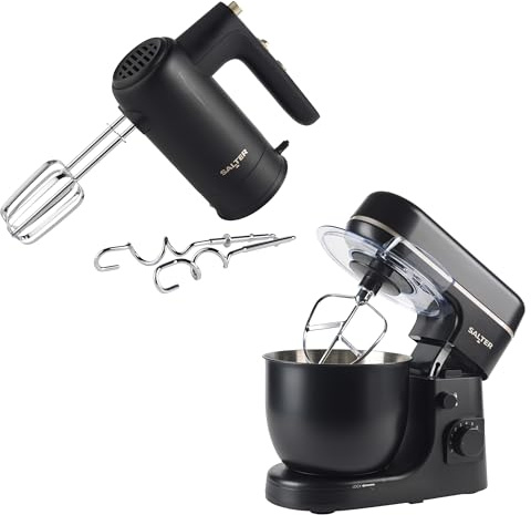 Salter Alchemy Black Mixer Set – 1300W Stand Mixer with 5L Bowl & 300W Hand Mixer, Multi-Speed & Turbo Settings, Planetary Mixing, Chrome Beaters & Dough Hooks, Splash Guard, Storage Base, FSC®