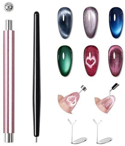 GUOKOO 4Pcs Cat Eye Magnet Kit - Pink Strong Magnet Cat Eye Magnet for Nails with Round Magnetic Bead, 2 Heart Magnets, Black Nail Magnet Pen, for Cat Eye Gel Nail Polish, Home DIY, Nail Art,Nail Tech