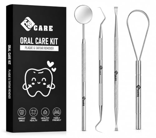 Kit de Higiene Bucal con Espejo – Accesorios de Limpieza Dental en Acero Inoxidable – Set de Cuidado Personal para Uso Diario con raspador de lengua (4 Piezas)