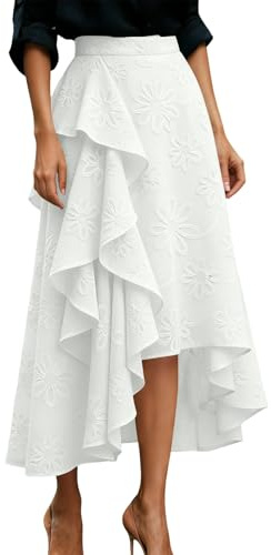 Elegante gonna a pieghe lunga da donna a pieghe plissettata, linea A, gonna avvolgente, gonna midi a vita alta, gonna estiva leggera e ariosa, gonna asimmetrica a castello, O bianco., S