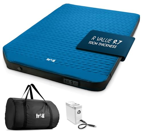 Trail Self Inflating Campervan Mattress with Integrated Rechargeable Pump | Fast One-Touch Inflation/Deflation, 10cm Memory Foam, 3D Box Wall Sides, For Full & 3/4 Rock & Roll Beds, Carry Bag Included