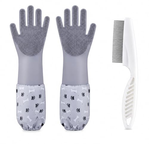 QhgPnt Dog Washing Gloves, Pet Grooming Gloves for Cats and Dogs, Long Sleeve Silicone Glove Set with White Comb, Professional Dog Wash Gloves for Effective Pet Care and Maintenance