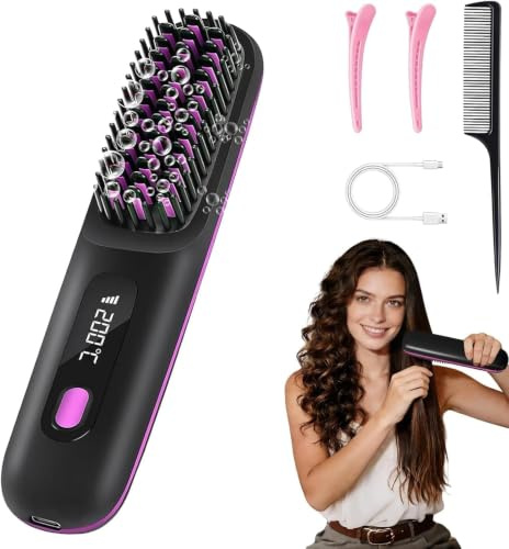 Isheurg Stylingbürste für Kurze Haare,Glättbürste Kabellos mit LED-Anzeige,Glättungskamm verhindert Haarziehen, 25s Schneller Keramikerwärmung,3 Wärmestufen für Haarfreundliches,Reisen