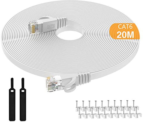 Cat6 Ethernet Cable 20m,High-Speed Patch Cable RJ45 Connector,Flat CAT 6 Lan Network Cords 250Mhz/s for Console PS3 PS4 PS5 Switch Router Modem Patch Panel PC TV Home Office-White-with Cable Clips
