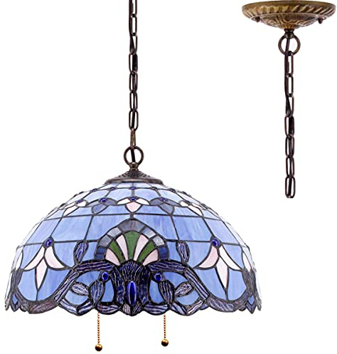 WERFACTORY Tiffany Pendant Light Fixture Blue Purple Baroque Stained Glass Hanging Lamp Wide 16 Inch, Height 40 Inch S003C Series