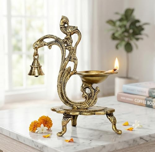 eSplanade Lotos runde Messingdiya-Öllampe für Haus und Büro Peacock Diya mit Bell Golden