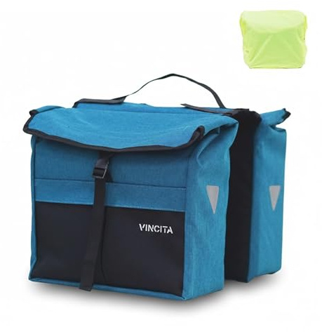 Vincita Top Load Double Pannier Water Resistant Cycling Side Bags - with Rain Cover, Large, Carrying Handle, Reflective Spots - Bike Rack Carrier Saddle Bag