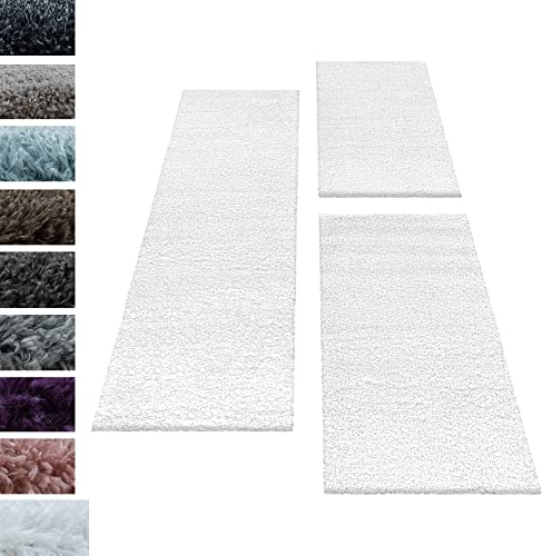 Set di tappeti shaggy tappeto Shaggy per camera da letto 3 parti Pelo morbido, colore:Bianco, set letto:2 pezzi 60x110 + 1 pz 80x150