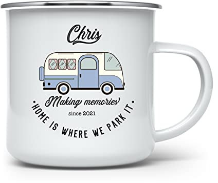 Pomchick - Personalised Campervan Camp Enamel Mug 11oz Christmas Birthday Retro Camping Accessories Drinkware Gift for Her Him Couple