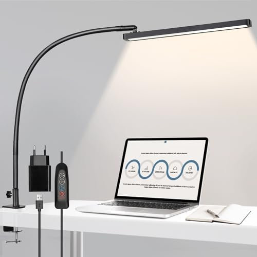 BIENSER Schreibtischlampe LED Klemmbar, 1100LM Schwanenhals Klemmleuchte, Architektenlampe Arbeitsleuchte 5 Farben X 10 Helligkeitsstufen Dimmbar, Augenschutz Klemmlampe, Büro Tischlampe, Schwarz