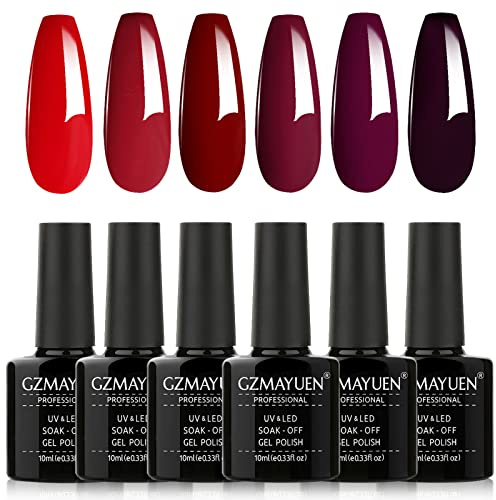 GZMAYUEN Rot Gel Nagellack Dunkelrot 6 Farben Red Nägel UV Gel 10ml Glanz Rot Nagel Polish Set