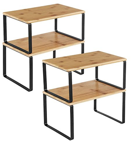 SONGMICS Gewürzregal, 4er Set, Küchenregal, Küchen-Organizer, erweiterbar, Gewürzhalter, stapelbar, mit Metallrahmen, 19,5 x 29,7 x 15,8 cm, tintenschwarz-naturbeige KCS10NB