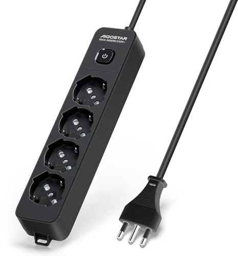 Aigostar Multipresa Ciabatta Elettrica a 4 Posti Presa con Interruttore, 250v/3680W Cavo 3m. Nero