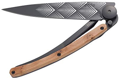 deejo – Klappbares Taschenmesser 37 g mit Gürtelclip – Griff aus Wacholderholz, Klinge aus Edelstahl Z40C13 – Motiv Art Déco – Tischmesser, Wandern, Camping, Biwak
