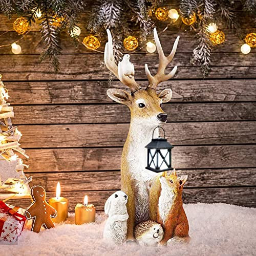 Gartendeko Figuren Hirsch, Frühlingsdeko Leuchtende Kunstharz Gartenfiguren Hirsch und Freunde, Gartendeko für Draußen, Harz Elch Gartenstatuen mit Laterne, Garten Deko Draußen Figuren (Elch A)