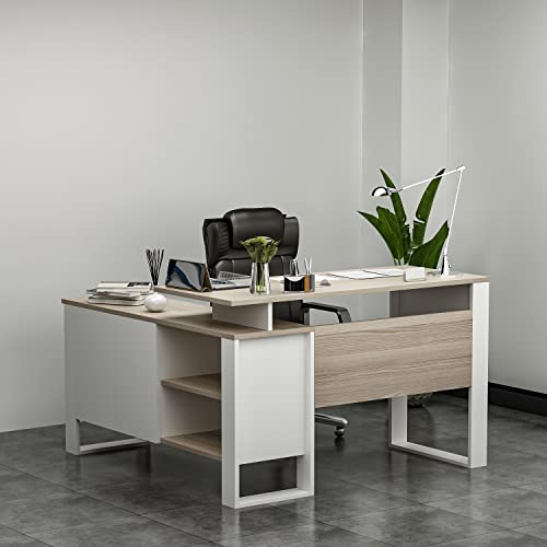Homidea ARES moderner Eckschreibtisch – Computer-Schreibtisch in L-Form mit Regalen für Büro und Zuhause (Avola/White)