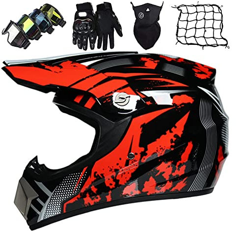 Motocross Helm, Kinder Motorrad Crosshelm Set, Downhill Endurohelm Motorradhelm Integralhelm, DOT Zertifiziert Jugend Kinder Fullface ATV BMX Offroad Helm Mit Schutzbrille/Maske/Handschuhe/Helm Netz