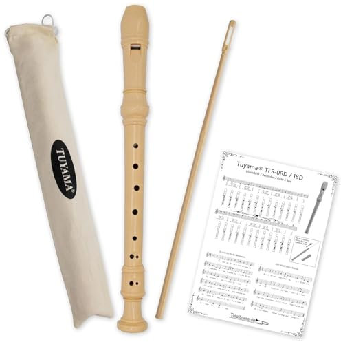 Tuyama® TFS-08D Blockflöte - Deutsche Griffweise - Sopran - Beige - C-Dur - Inkl. Grifftabelle, Notenbeispiele, Wischerstab, praktischer Stoffbeutel
