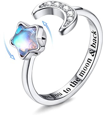 MILACOLATO Anillo Ansiedad De Plata Ley 925 - Anillos Abiertos Ajustables Con Piedra Lunar y Antiestres CZ Luna Estrella - Joya Giratoria Letras Fidget Ring Con Caja De Regalo